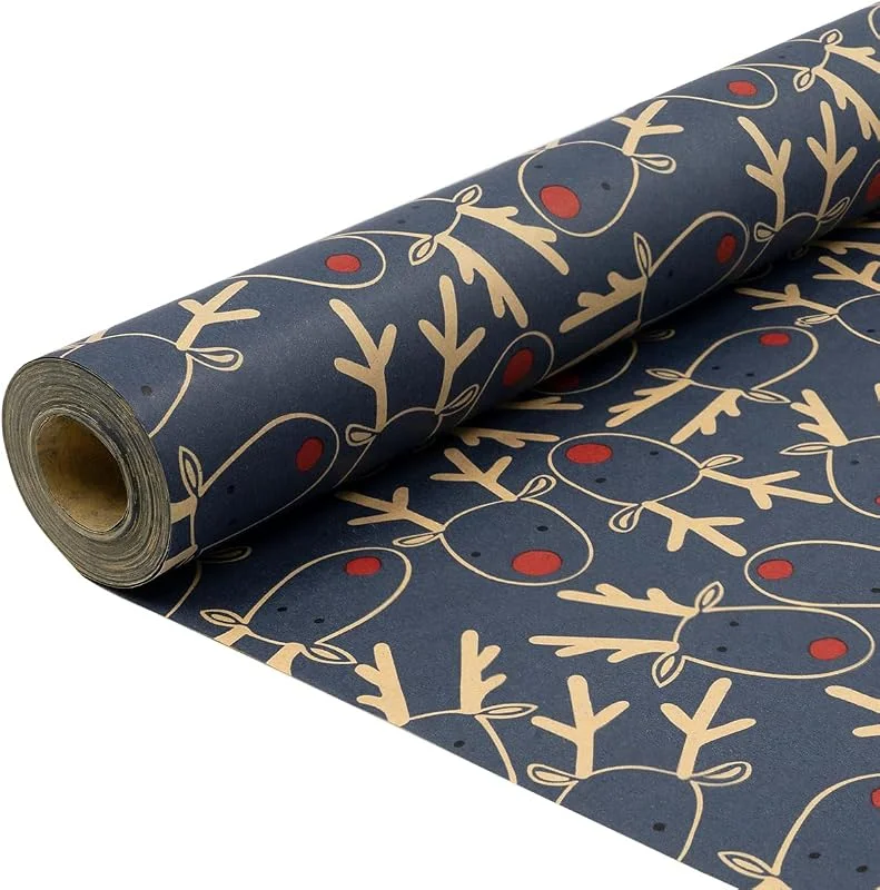DOJoykey Rollo de papel para envolver regalos: papel kraft azul para envolver regalos navideños con patrón festivo de alces, 15 m x 43 cm, para decoración de fiestas navideñas — Envoltorio regalo