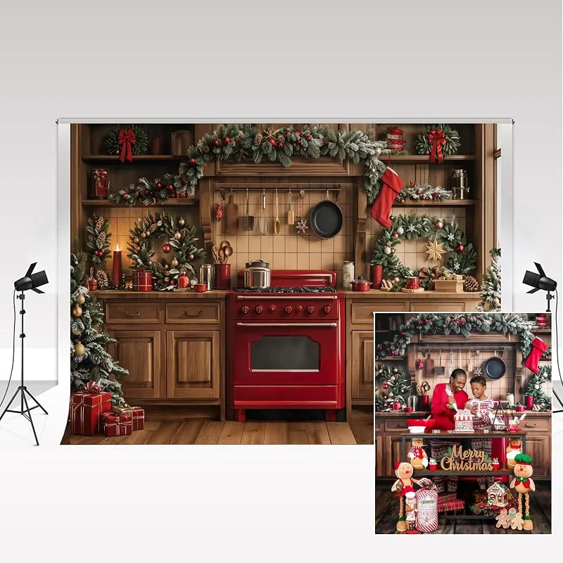 Visita la tienda de Kate Telones de Fondo para fotografía navideña de Kate 2.2x1.5, 7x5pies con diseño de Cocina navideña armarios de Madera, panadería, Fiestas, cumpleaños Infantiles Retratos Familiares — Envoltorio regalo