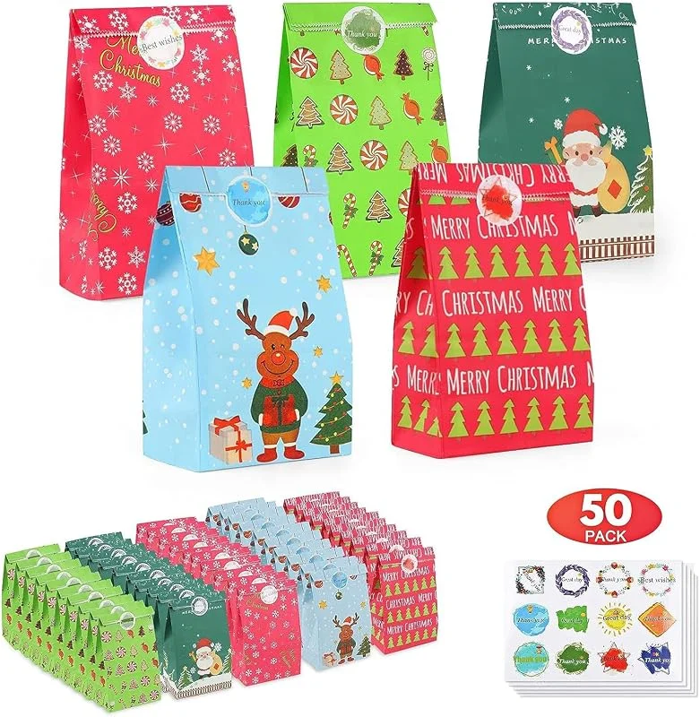 TOOELMON Bolsas de regalo de Navidad, 50 unidades, pequeñas bolsas de papel con pegatinas, coloridas para niños, bolsas de papel kraft para regalos, dulces, fiestas — Envoltorio regalo