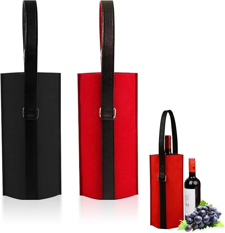 CALLYSONIC Set de 2 Bolsa Botella Vino, Bolsas Para Botellas de Vino Regalo de Fieltro, Bolsas con Asas, Ideal Para Regalos, Bodas, Cumpleaños (Negro, Burdeos) — Vino y mesa festiva