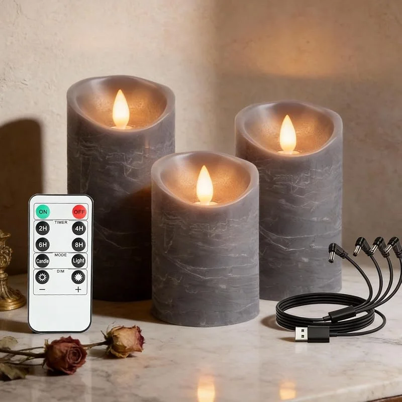 RanBluu Paquete de 3 Velas LED con mando a distancia y temporizador, vela led efecto llama Recargables USB, flameless candles electricas, para decoracion navidad hogar, camping, Gris — Cena a la luz de velas