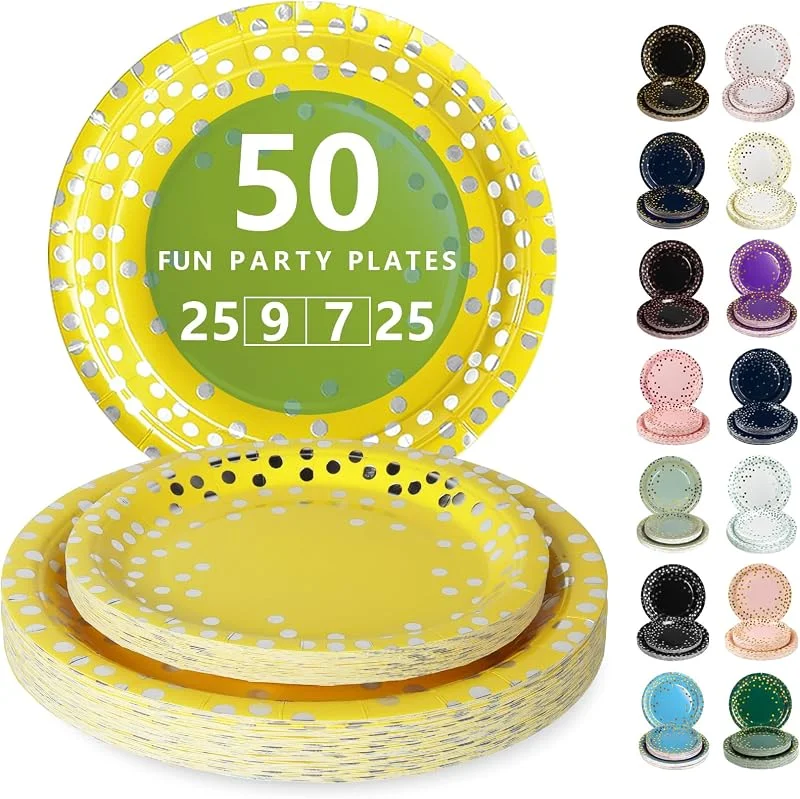 Nkaiso Platos Desechable, 50 Piezas Amarillo y Plateado Vajilla de Fiesta Set -25x 23cm & 25 x 18cm Platos de Carton, legante y Resistente para Bodas, Cumpleaños y Eventos — Adviento y mesa