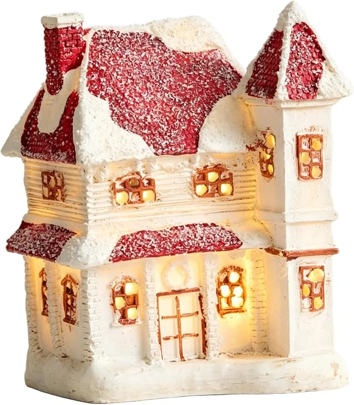 Vervevum Casas de Pueblo navideñas, casa iluminada con decoración de Mesa con Techo Rojo nevado, B — Decoracion Navidad