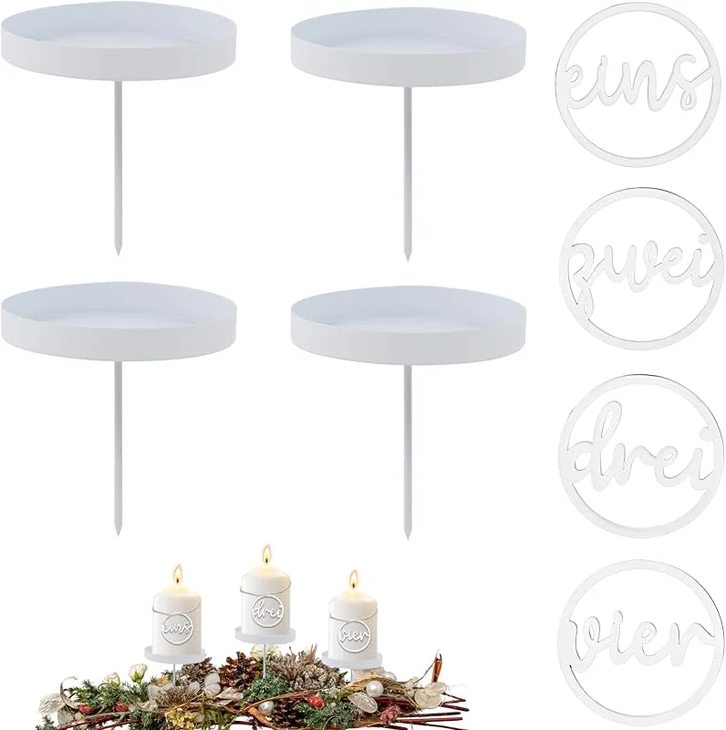 PAPU Juego de 4 candelabros Blancos para Corona de Adviento - ø8 cm Metal Pica para Velas Blanca con números de Madera Corona de Adviento 1-4, para Velas cilíndricas Velas Navidad Decoración de Mesa — Adviento y mesa
