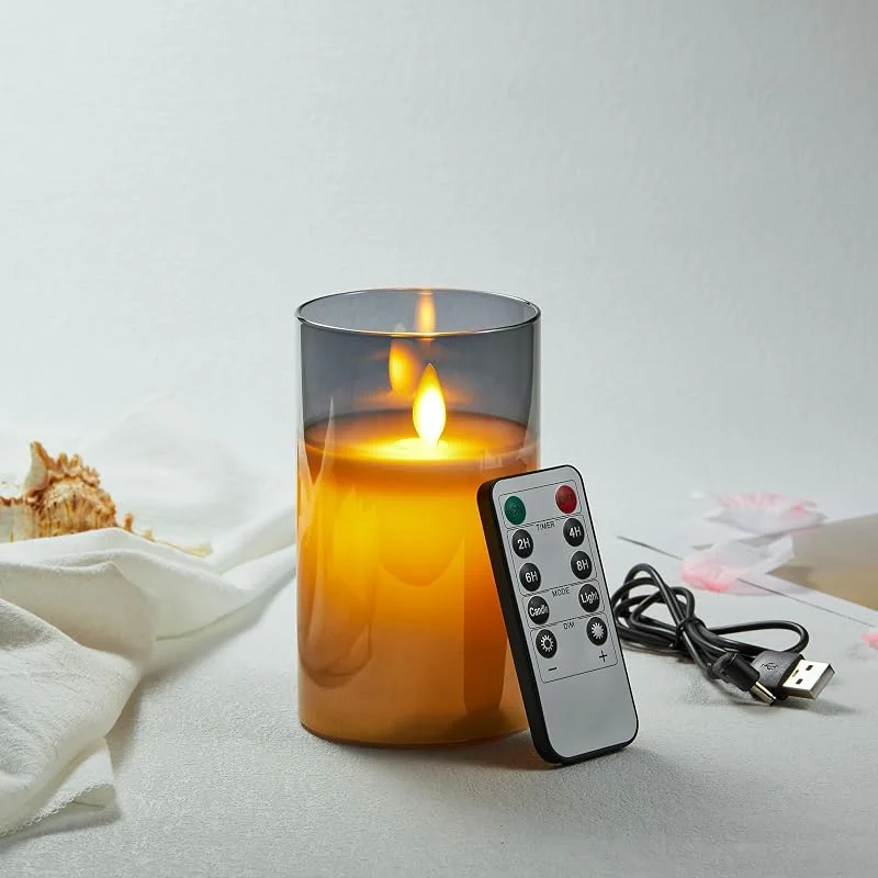 Koelaa Vela LED recargable, velas de cristal gris con control remoto, velas de batería, sin llama, vela parpadeante con función de sincronización para Navidad, festivales, decoración de bodas, 10 cm — Cena a la luz de velas