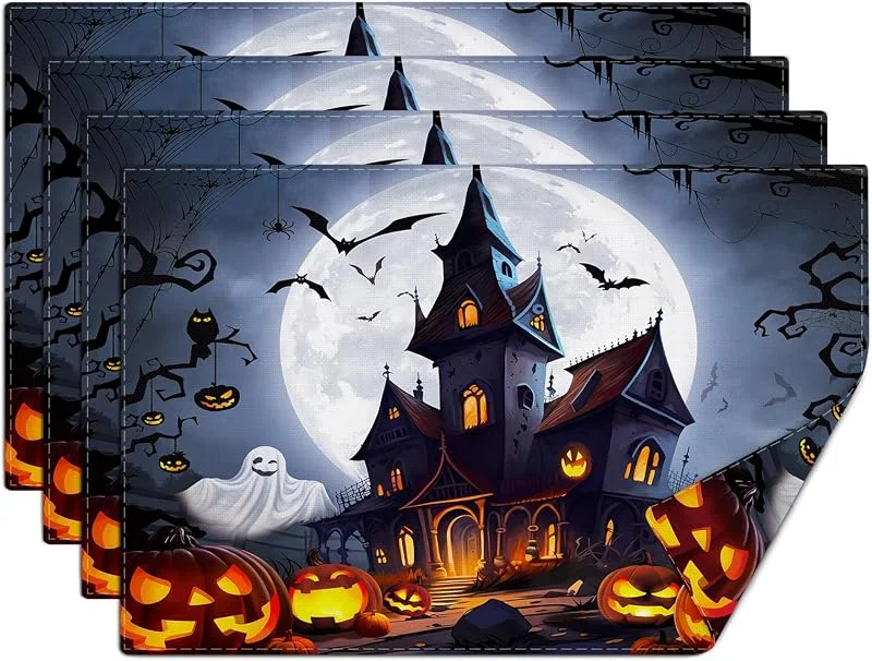 Visita la tienda de comfoyar comfoyar Juego de 4 Manteles Individuales Castillo Noche Halloween, Salvamanteles Individuales de Manteles Lavables Calabaza Luna Lino para Cocina Comedor, Fiestas y Decoración de Mesa 30x45cm — Hogar y cocina