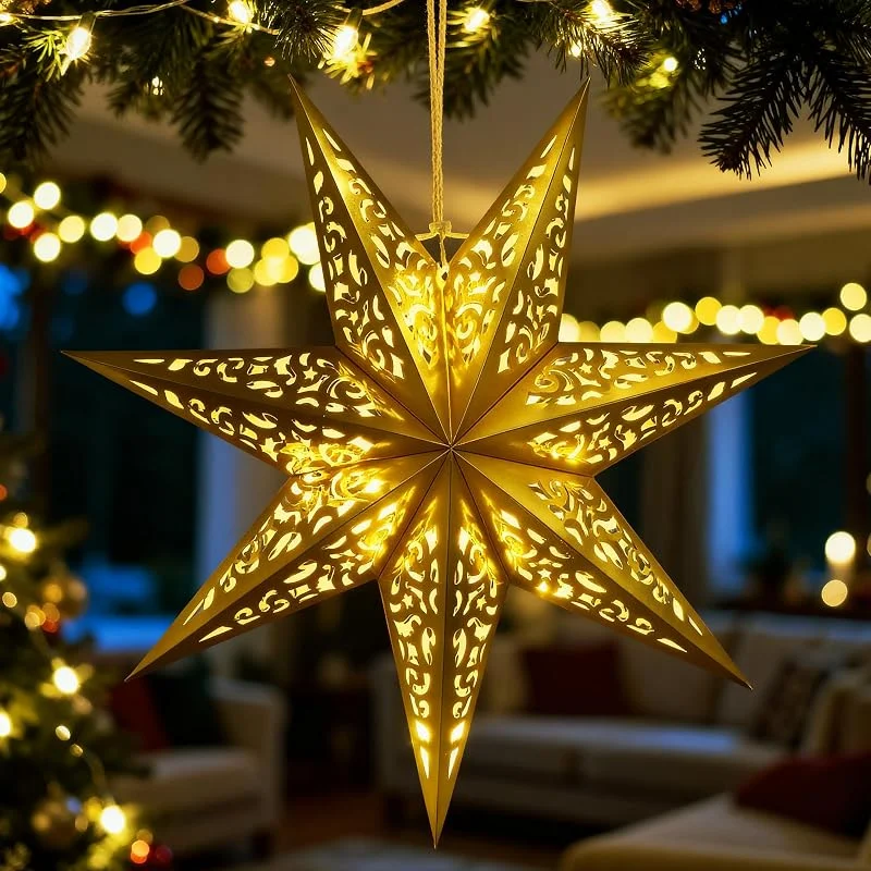 Visita la tienda de Kssvzz Kssvzz 45 cm Estrella de Navidad iluminada dorada, estrella de papel 3D para colgar con iluminación, decoración navideña ventana interior — Decoracion Navidad