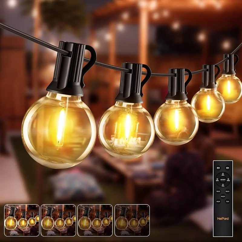 HeiPard Guirnalda Luces Navidad Exterior 20m, 30 + 2 LED Cálidas 2200K - Impermeable IP45 para Jardín, Terraza, Control Remoto RF, 3 Modos + 4 Brillos, Temporizador, Conexión Serie (20M, 65FT)