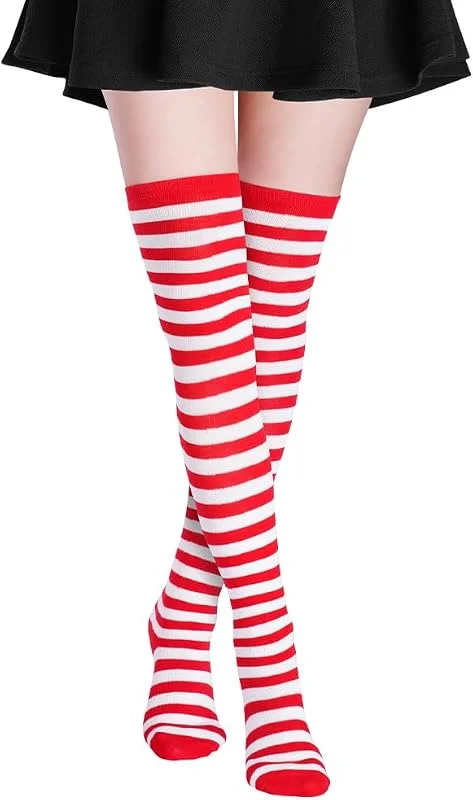 Alaoo Calcetines Hasta la Rodilla para Mujer, Calcetines Altos a Rayas — Ropa Navidad