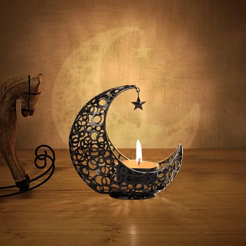 Encuryna Portavelas con forma de luna, portavelas, farolillo, decoración de mesa, decoración vintage, portavelas de metal, Navidad, barbacoa, San Valentín — Adviento y mesa