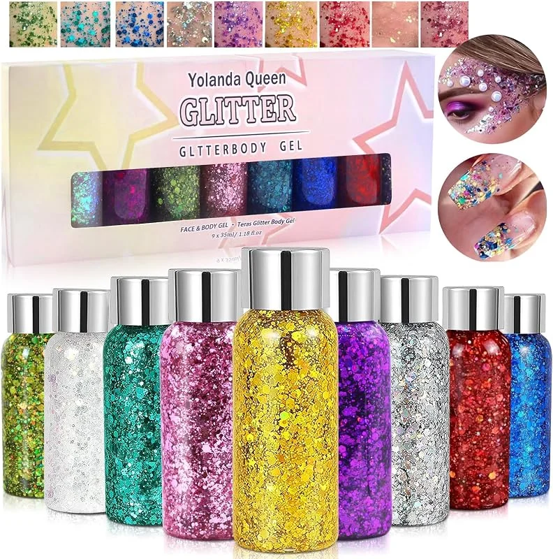 AOKITO Festival Gel de Purpurina para Rostro y Cuerpo – 9 Botellas de Gel Corporal con Cucharas, Purpurina Gruesa para Carnaval, Festival, Mascarada y Maquillaje de Fiesta — Ropa Navidad
