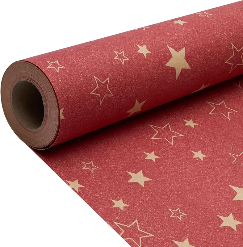 DOJoykey Rollo de papel de regalo navideño Kraft, papel de regalo rojo de 15 m x 43 cm, diseño de patrón de estrella festivo reciclable para envolver regalos de cumpleaños, Navidad y bodas — Envoltorio regalo