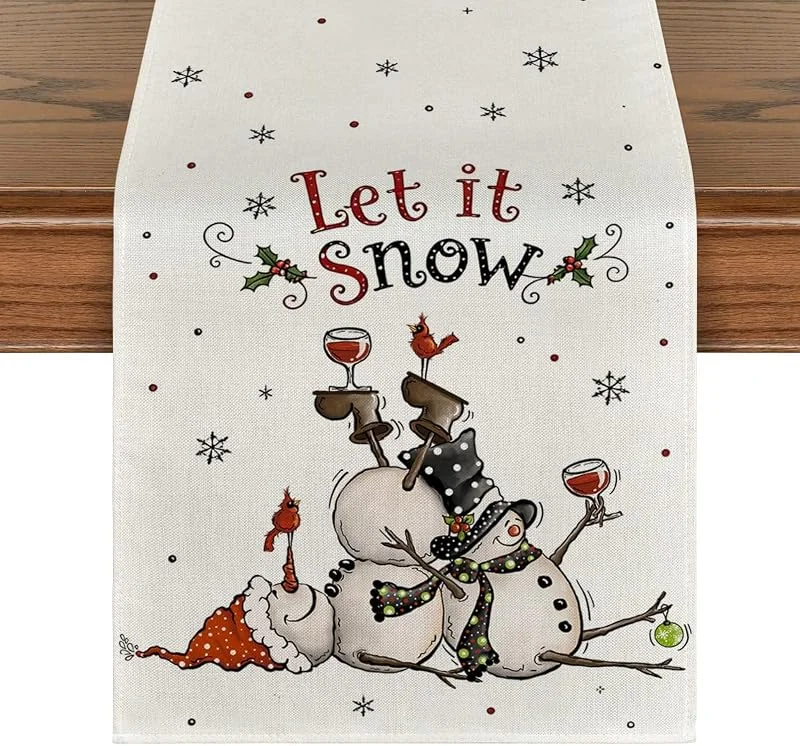 Aisybaklyn Camino de mesa de Navidad, copa de vino, muñeco de nieve, invierno, cocina, mesa, 40 x 140 cm — Hogar y cocina