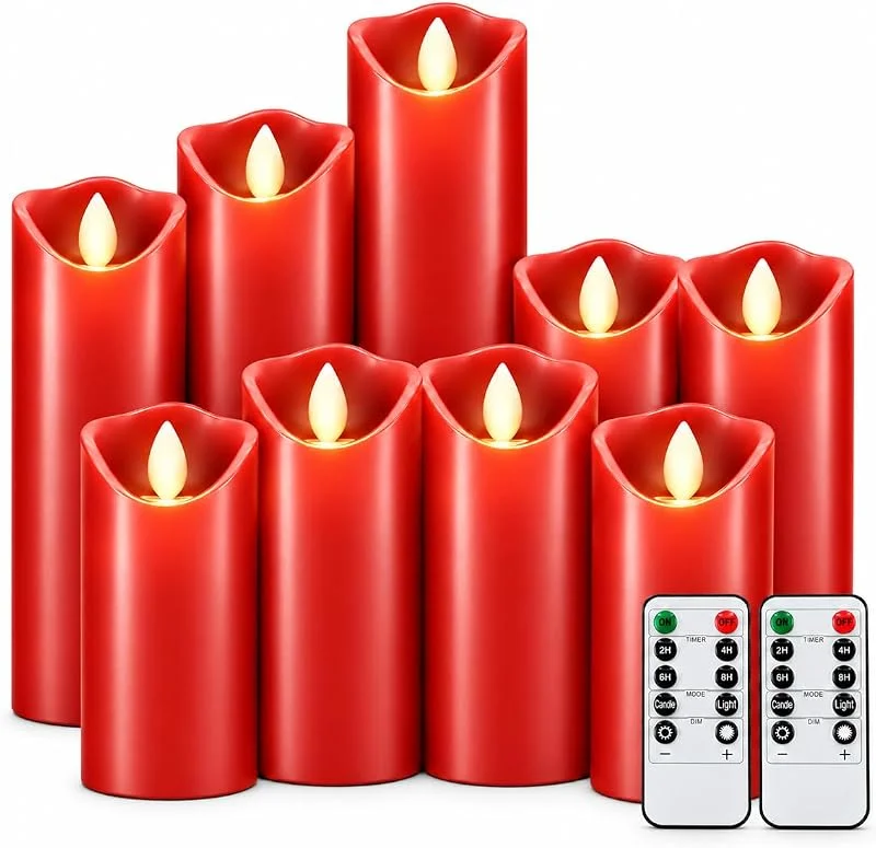Auemaniliy Velas LED rojas, llamas parpadeantes, velas reales, juego de 9 piezas — Cena a la luz de velas