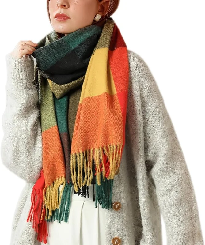 Enwokran Bufanda de Lana para Mujer Grande Larga Manta de Abrigo Suave Chal de Tartán de Pashmina con Borla Gruesa Reversibles Cálida Suave para Otoño e Invierno — Ropa Navidad
