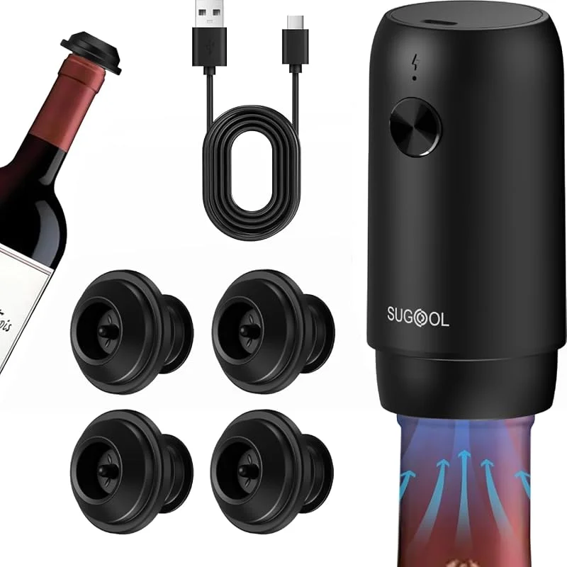 SUGOOL Bomba eléctrica de ahorro de vino con tapón de vino al vacío, recargable, 1 bomba 4 tapones, reutilizable, mantiene tu vino fresco — Vino y mesa festiva
