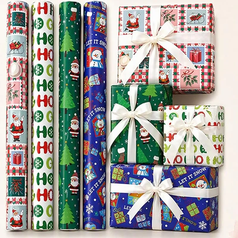 Fengfire 4 Rollos Papel Regalo Navidad 43×3m, Papá Noel muñeco nieve estucado — Envoltorio regalo