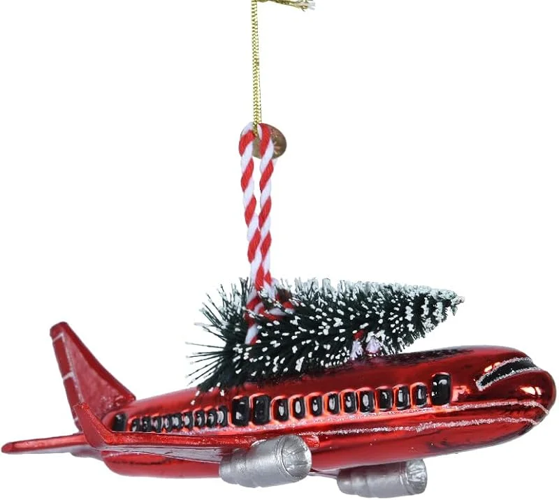 Kaemingk Adorno para árbol de Navidad, Decoración Navideña, Cristal, 15 cm, Diseño de Avión con Árbol de Navidad, Color Rojo — Decoracion Navidad