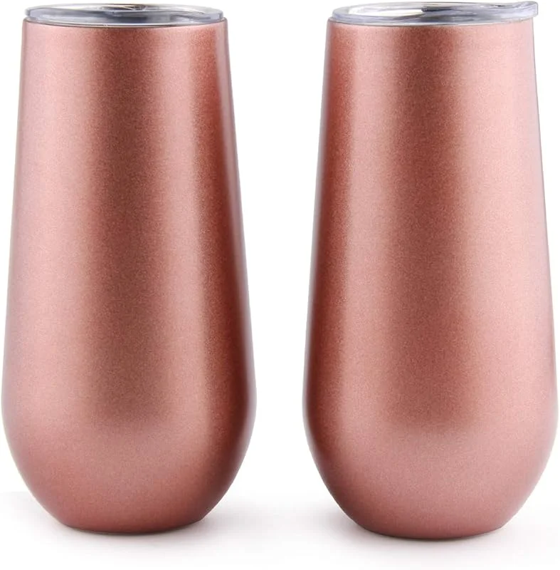 Visita la tienda de Sivaphe Sivaphe Vaso de champán 180ml, copas de vino, acero inoxidable, doble pared con tapa, oro rosa, lot de 2 — Vino y mesa festiva