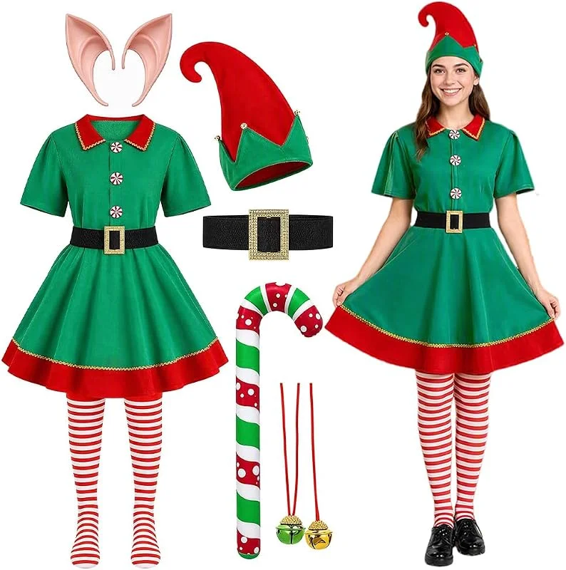 Mineup 9 PCS Disfraz de Elfo Mujer Vestido, Disfraz Duende Navidad con Accesorios — Ropa Navidad