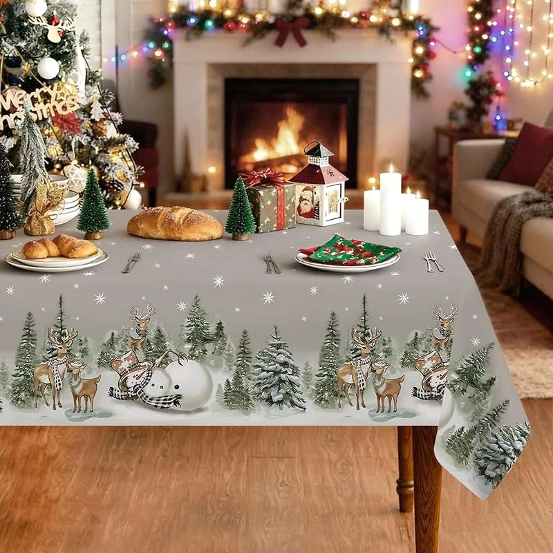 NVGVUP Mantel para mesa de Navidad lavable 136x248 cm: Gran mantel de mesa de Navidad con copos de nieve, muñeco de nieve, reno, decoración de árbol de Navidad, protección contra manchas de invierno — Hogar y cocina