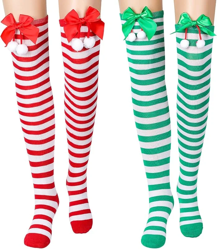 BBTO 2 Pares Medias de Fiesta de Navidad sobre Rodilla Largas con Accesorios Navideños — Ropa Navidad