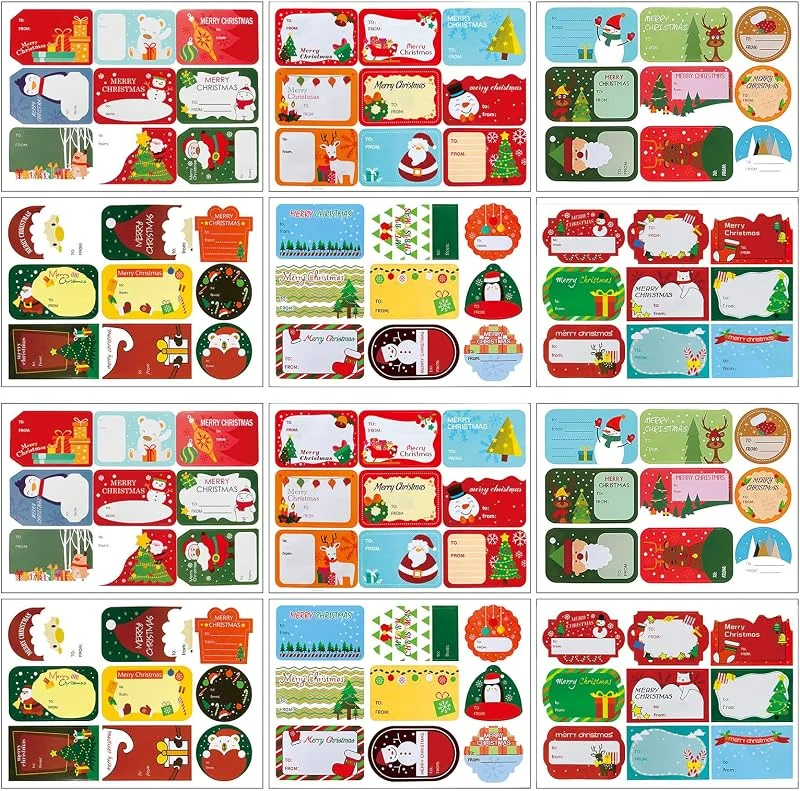 Pybingcw Calcomanía de sellado de Navidad, etiquetas autoadhesivas de regalo de Navidad, 12 piezas de 108 piezas, etiqueta de nombre de elemento de Navidad, etiquetas de regalo de Navidad, calcomanías selladas — Envoltorio regalo