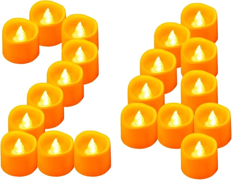 Visita la tienda de Yakpo 24 velas de té LED naranjas que funcionan con pilas, sin llama, velas votivas eléctricas falsas, paquete grande, para fiestas, al aire libre, Navidad, Halloween, decoración de calabaza — Cena a la luz de velas