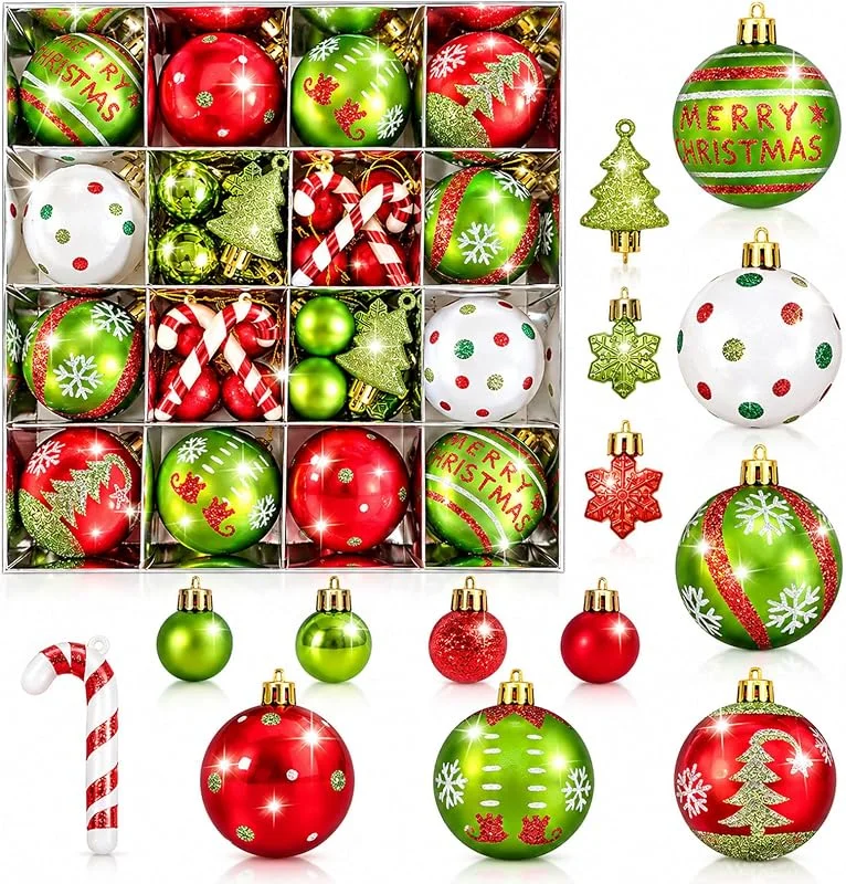 Aisny Bolas Navidad, 46 Piezas de Adornos para Árbol de Navidad Bolas Rojas y Verdes Bolas Navideñas de Plástico Bolas Navideñas con Tema de Elfos Adornos para Arboles de Navidad — Decoracion Navidad
