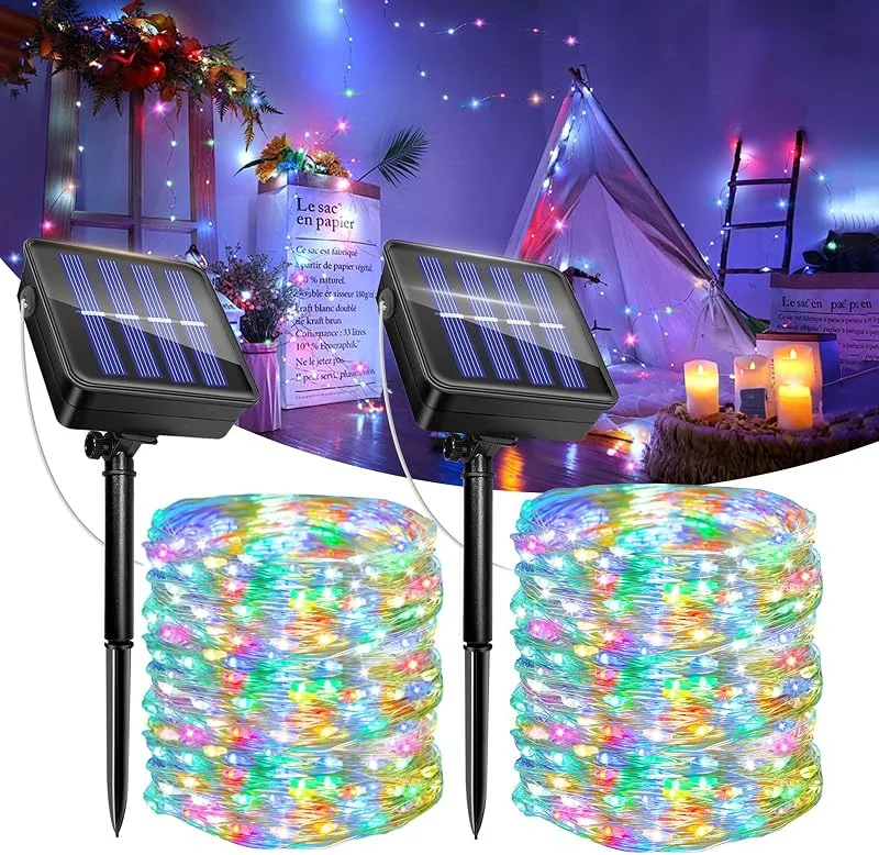 Caldarax 2 Pack Guirnaldas Luces Exterior Solar, 12M 120 LED Luces Solares Jardín, 8 Modos, IP65 Impermeables, Cadena de Luce Decoracion para Terraza, Fiestas, Bodas, Patio, Árbol, Jardines(Multicolor) — Luces Navidad