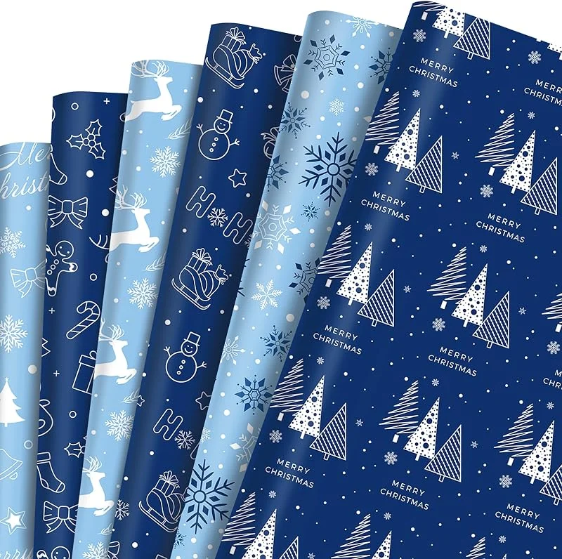 HOWAF 12 Hojas Papel Regalo Navidad Rojo Azul, Papel de Regalo Navidad Copos de Nieve, Papa Noel, Reno Embrulho Natal para Decoración Navideña, Cumpleaños, Año Nuevo — Envoltorio regalo
