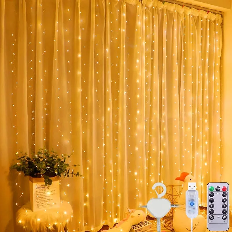 SaiXuan 3M * 3M Cadena Luz de Cortina, 300 LED USB 8 Modos con Control Remoto y Ganchos, Decor Interiores y Exteriores, Guirnaldas de Luces para Bodas, Fiestas de Cumpleaños, Ventanas (Blanco cálido) — Luces Navidad