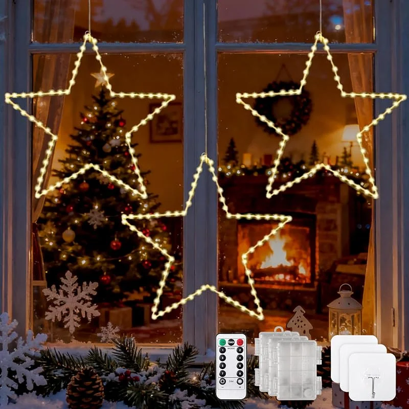 Visita la tienda de FemKey Luces Navidad, Cortina de Luce Pila con Temporizador, IP44, Luces Ventana Navidad Interior Exterior, Decoracion Navideñas para Fiesta, Balcón (star) — Decoracion Navidad