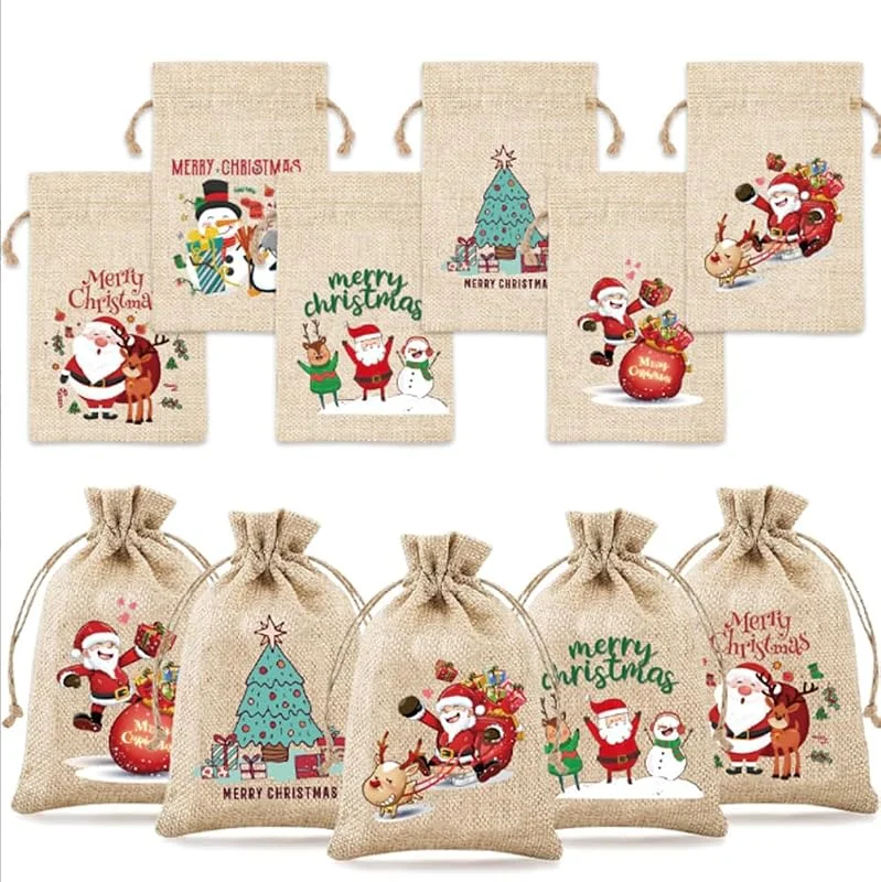 AstarFavor Bolsa de Regalo Bolsa de Yute Navidad Bolsa de Yute con Estampado Navideño Bolsa de Tela para llenar Navidad, 10cm x 14cm — Envoltorio regalo