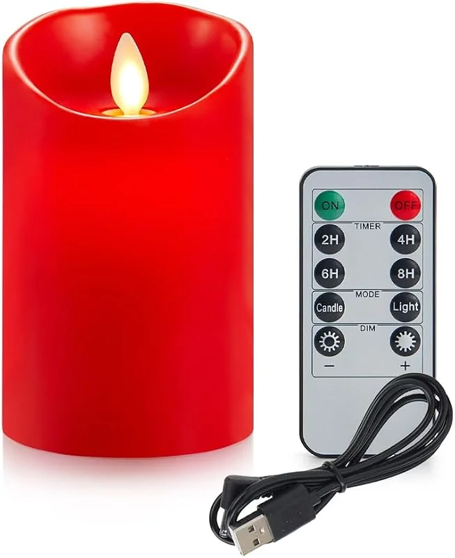 Koelaa Velas LED Parpadeantes Recargables, Rojo, Plástico con Cera, 7.5 cm x 7.5 cm x 12.5 cm, Decorativo, Control Remoto, Temporizador, Ideal para Salón, Navidad, Boda, Fiesta — Cena a la luz de velas
