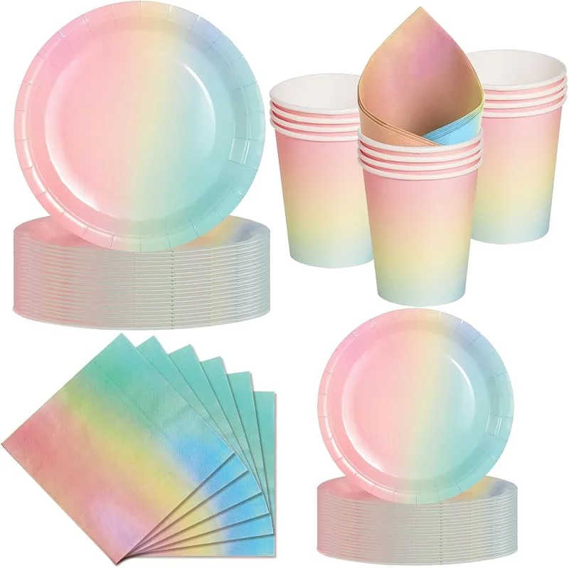 Nkaiso Platos y Vasos Desechables, 50 Piezas Arcoíris Vajilla de Fiesta, 10x 23cm & 10 x 18cm Platos de Carton, 10 Vasos, 20 Servilletas - Para Cumpleaños Infantiles, Fiestas Carnaval -10 Invitados — Adviento y mesa