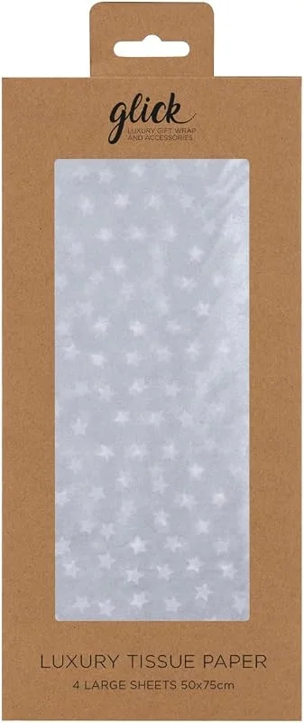 Glick Cuatro hojas de papel de seda de Navidad, papel de seda dorado de Navidad, estrellas blancas sobre papel de seda dorado, papel de seda de envoltura de Navidad — Envoltorio regalo