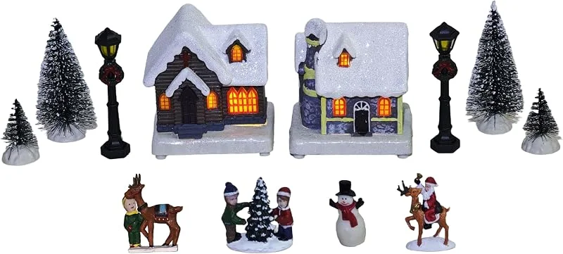 MerryPulse Juego de 12 figuras navideñas de resina pintadas a mano, casas de pueblo de Navidad con luces LED, exhibición de escena de ciudad de Navidad para decoración de escritorio interior del hogar — Decoracion Navidad