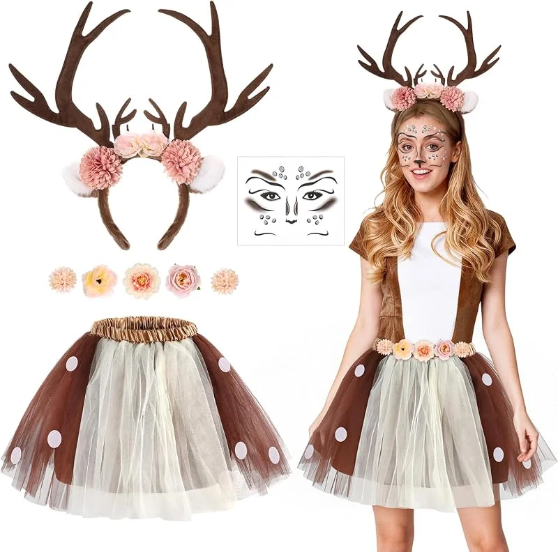 Beipegin 4 PCS Disfraz Reno Mujer, Diadema Reno con Cuernos Tatuajes Ciervo Cara Falda Tutú Pinzas de Flores, Accesorios de Disfraz Animal Adultos Niños Disfraces Navidad Halloween Carnaval Fiesta Cosplay — Ropa Navidad