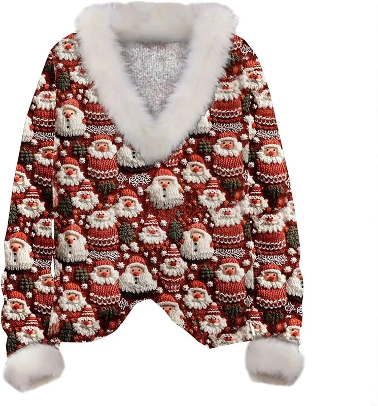 Generic HUIFUAO Sudaderas de Navidad para mujer, suéter de Navidad para mujer, estampado de Papá Noel, cuello de felpa, manga larga, suéter de Navidad para mujer — Ropa Navidad