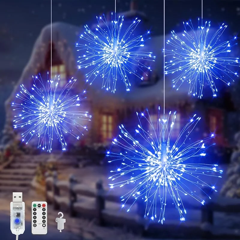 Acxilexy 4 Piezas Luces de Cuerda de Fuegos Artificiales, 480 LEDs USB Fuegos Artificiales Luces con 8 modos, impermeables Luces de Fuegos Artificiales, Guirnaldas Luces para Fiesta Jardín Patio — Luces Navidad