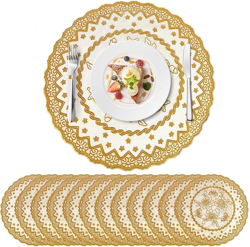 Visita la tienda de fanquare fanquare Manteles Individuales PVC Oro Redonda Lavables 12 Unidades, 38cm Salvamanteles Individuales Vintage Encaje Dorado para Cocina Comedor Boda Fiesta — Hogar y cocina