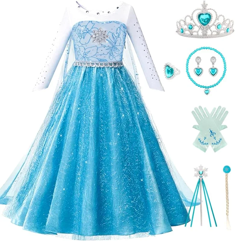 Kitimi Disfraz Elsa Princesa Niña, Elsa Vestido Princesa Niñas de Dibujos Animados con Accesorios de Corona y Varita Peluca, 3-8 Niña Disfraz para Fiesta Cumpleaños Cosplay Carnaval Navidad Halloween — Ropa Navidad