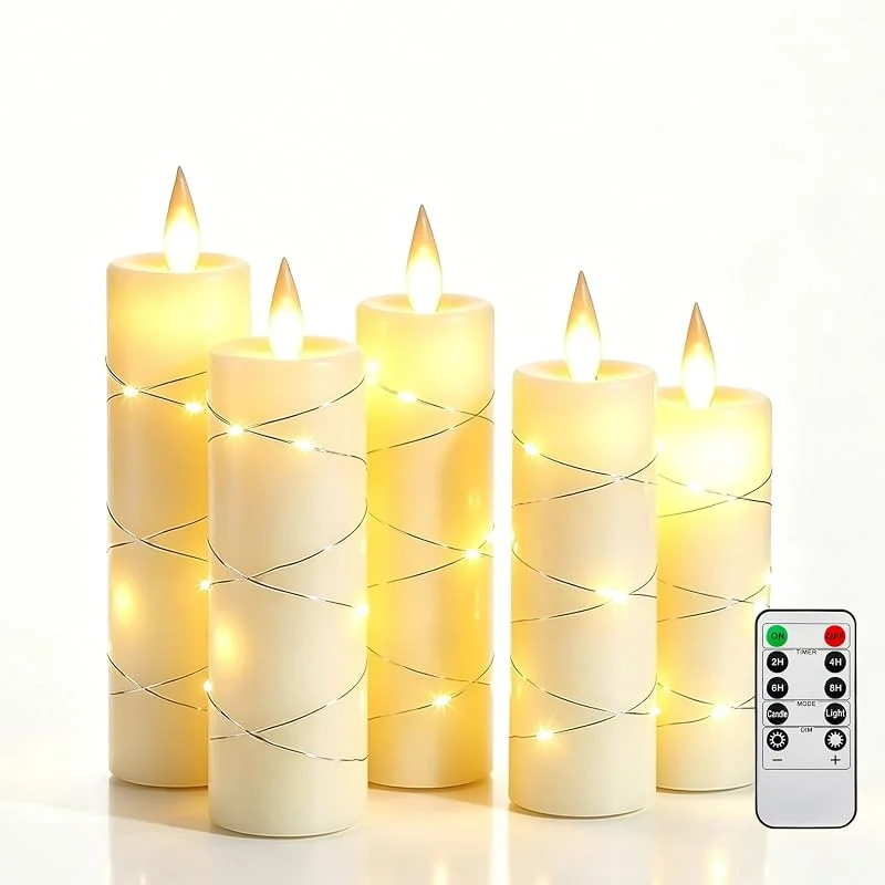 Visita la tienda de Da by Da by Velas parpadeantes sin llama con cadena de luces, velas que funcionan con pilas con control remoto y temporizador, vela LED de cera real, paquete de 5, color blanco marfil — Luces Navidad
