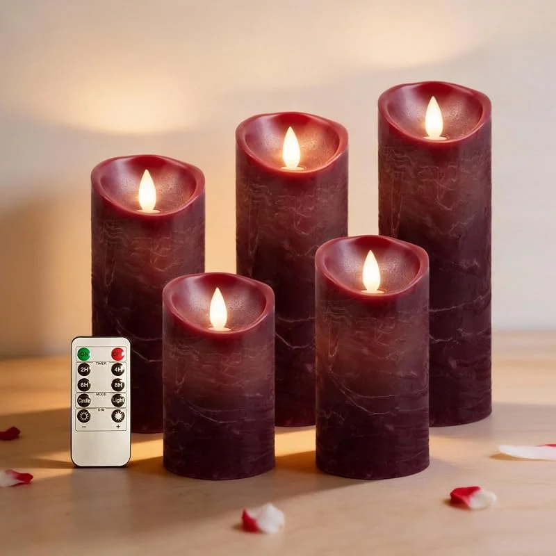 RosMank Juego de 5 velas LED con mando a distancia de 10 botones, sin llama, de cera auténtica, con llama parpadeante, decoración para Navidad, cumpleaños, bodas y fiestas, Rojo — Cena a la luz de velas