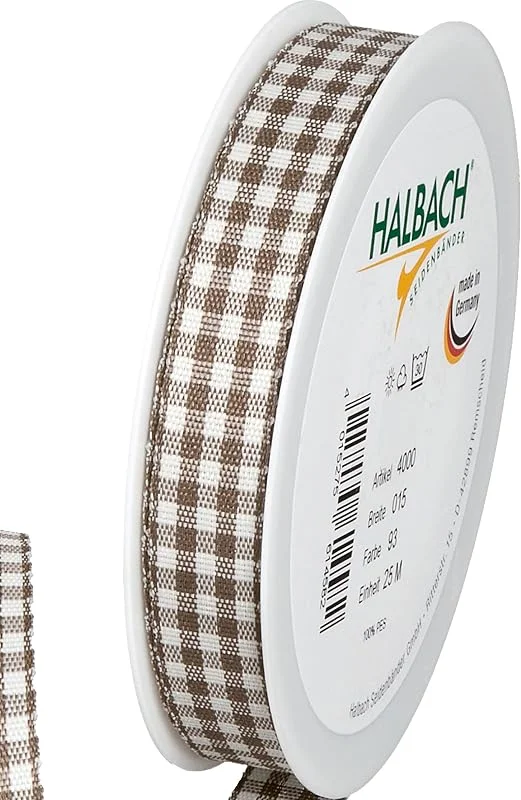 Halbach Seidenbänder Vichy - Cinta de regalo a cuadros (marrón oscuro), ancho 15 mm, longitud 25 m, cinta de cuadros fabricada en Alemania, cinta a cuadros en muchos colores — Envoltorio regalo