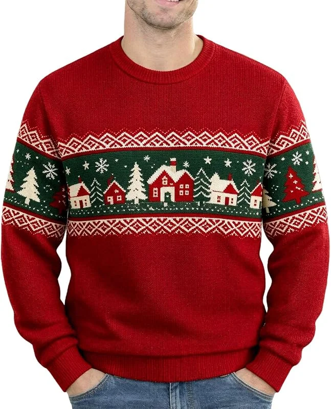 Generic Jersey navideño Hombre Cuello Redondo con Estampado de Casas y árboles Tejido Suave Manga Larga para reuniones y Celebraciones de Navidad — Ropa Navidad