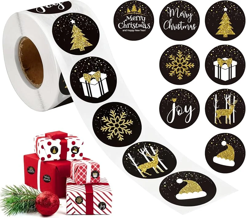 NOCHME Rollo de 500 pegatinas de sellado de Navidad, 8 diseños festivos, etiquetas redondas de 4 cm, diseño de Papá Noel, copo de nieve, árbol, reno, para envolver negro y dorado — Envoltorio regalo