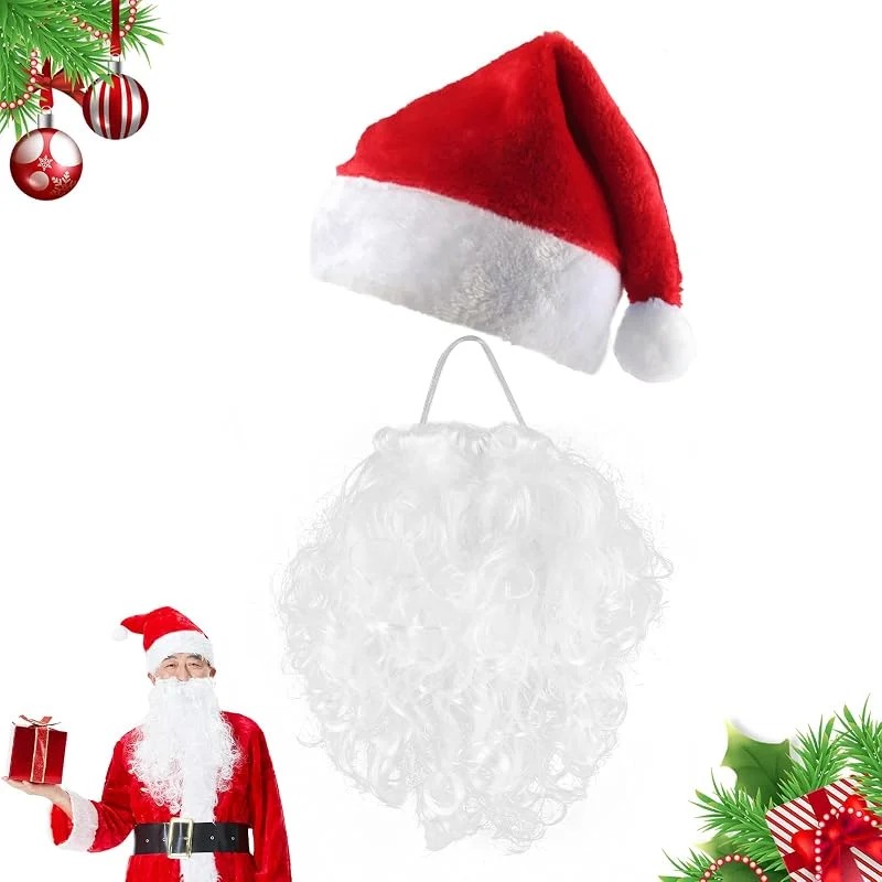 Shyllin Set de barba Papá Noel y gorro Navidad, barba Papá Noel & gorros Papá Noel para adultos, gorro Navidad adulto con barba, accesorios de disfraces de Navidad & traje de Papá Noel — Ropa Navidad