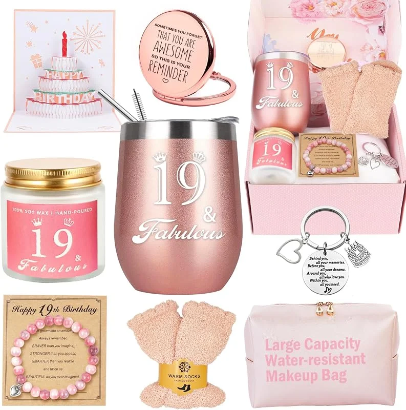 Awfrky Regalos de cumpleaños número 19 para niñas, cesta de feliz cumpleaños número 19, caja de regalo para mejores amigas, hijas, hermanas, su novia, compañera de trabajo, mejor amiga, cumpleaño único — Vino y mesa festiva